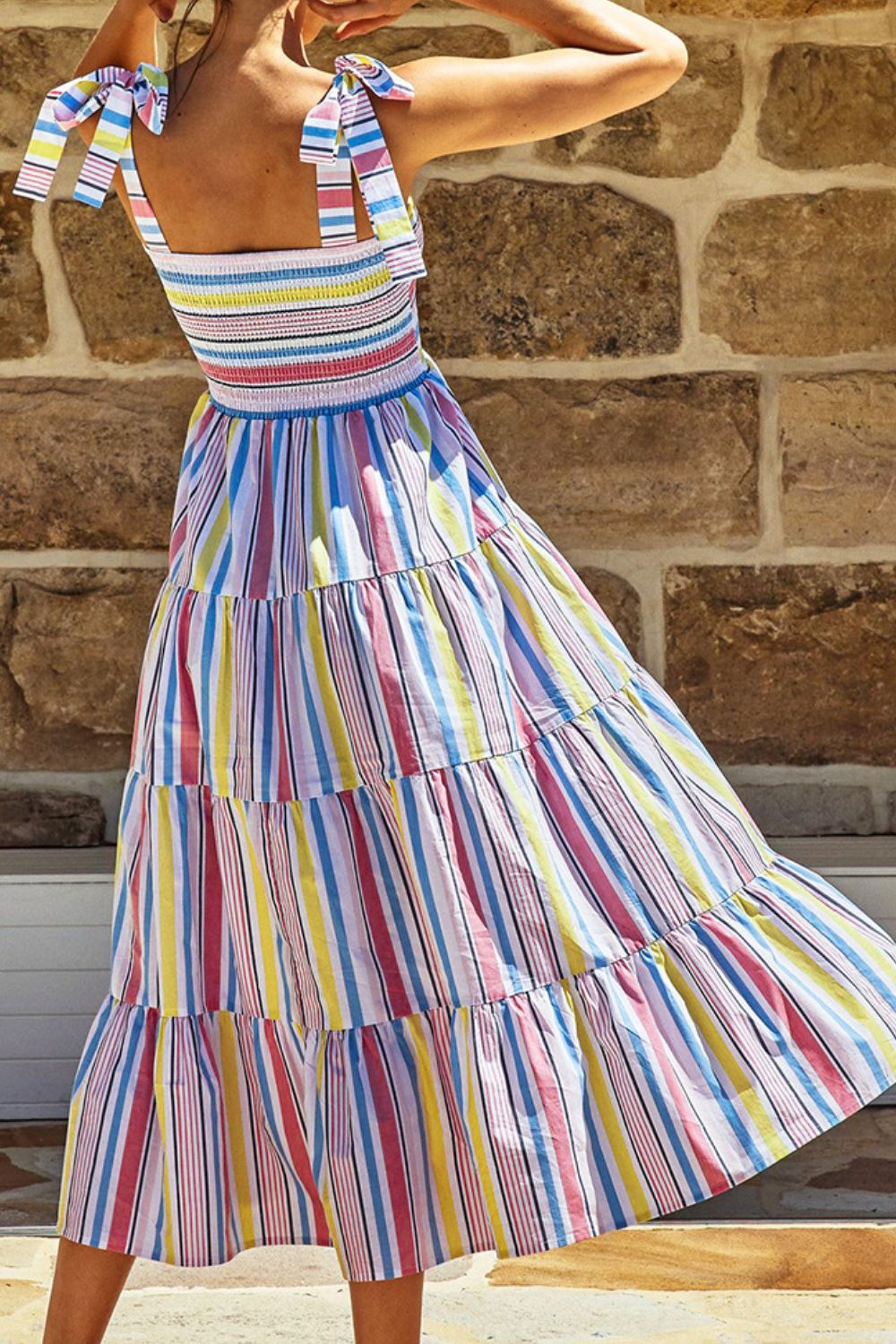 Striped Tie-Shoulder Smocked Tiered Dress