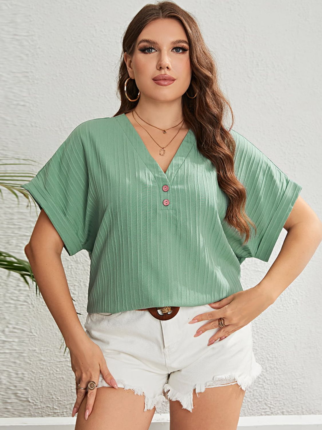 Plus Size Buttoned V-Neck Short Sleeve Top