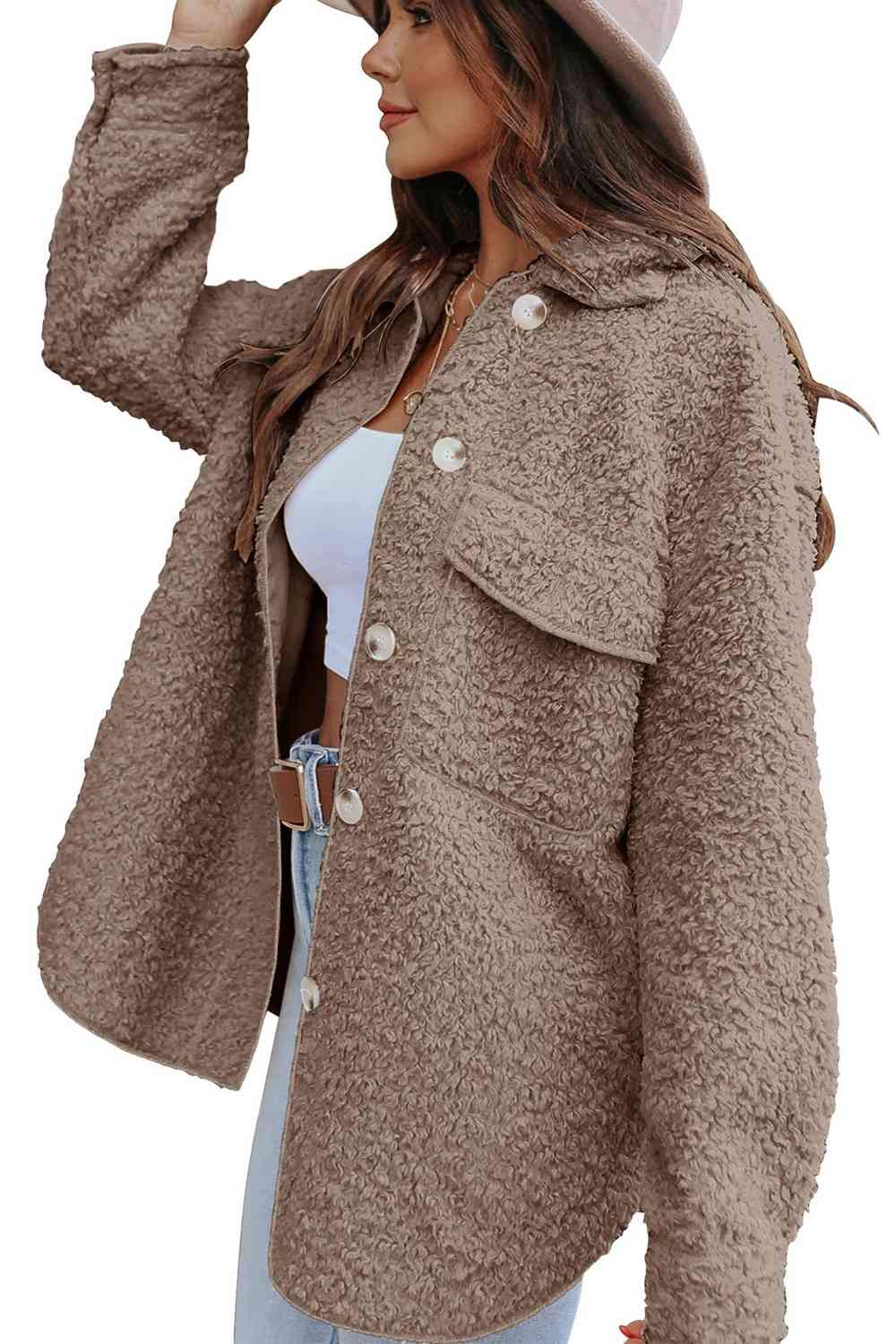 Collared Neck Button Front Coat with Pocket