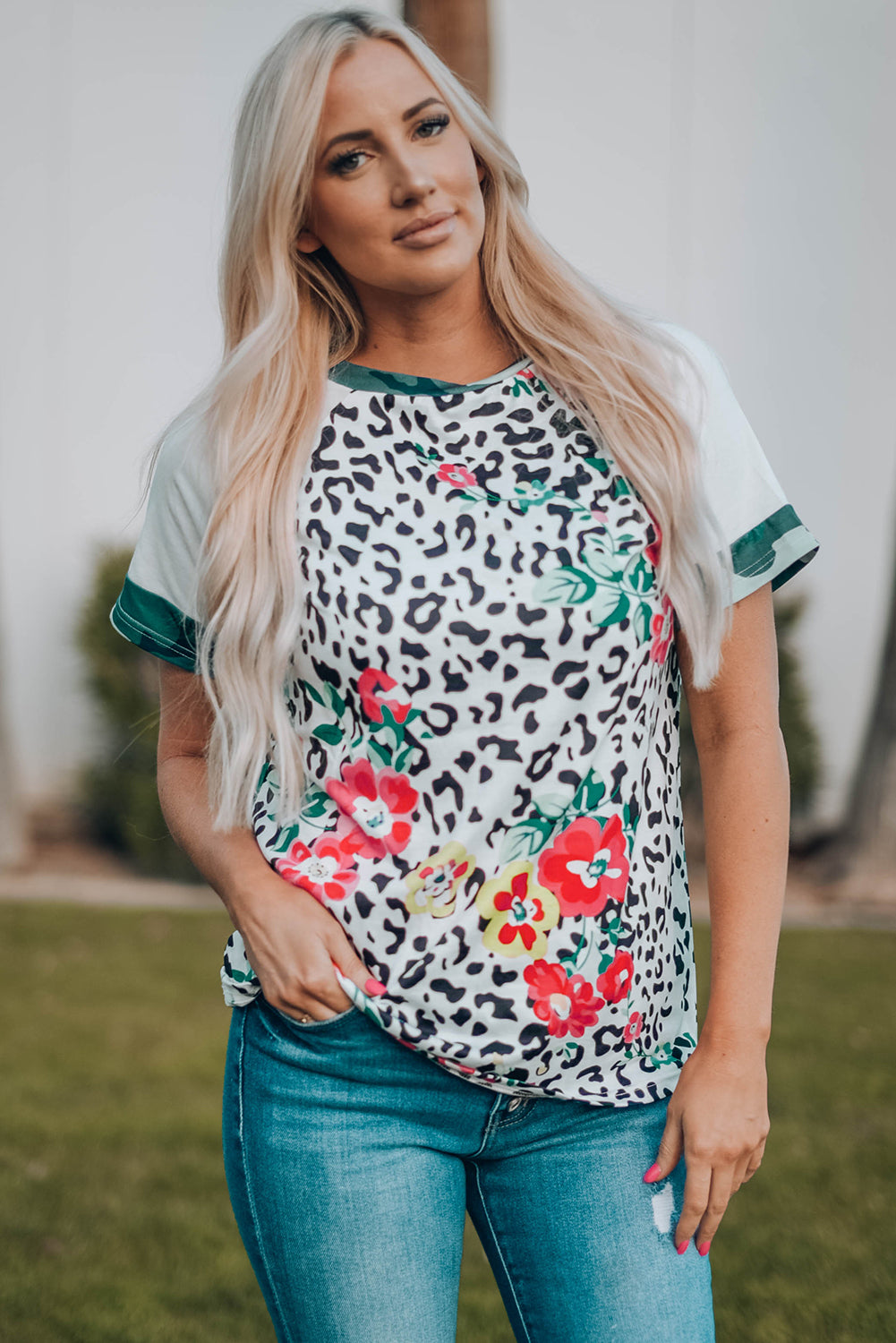 Floral Leopard Short Raglan Sleeve T-Shirt