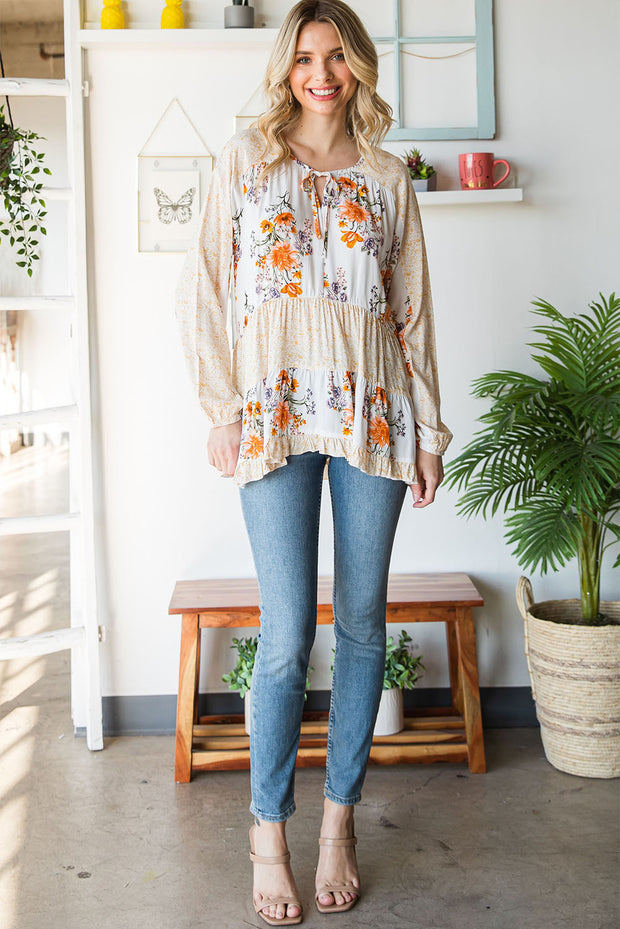 Floral Tie Neck Tiered Blouse