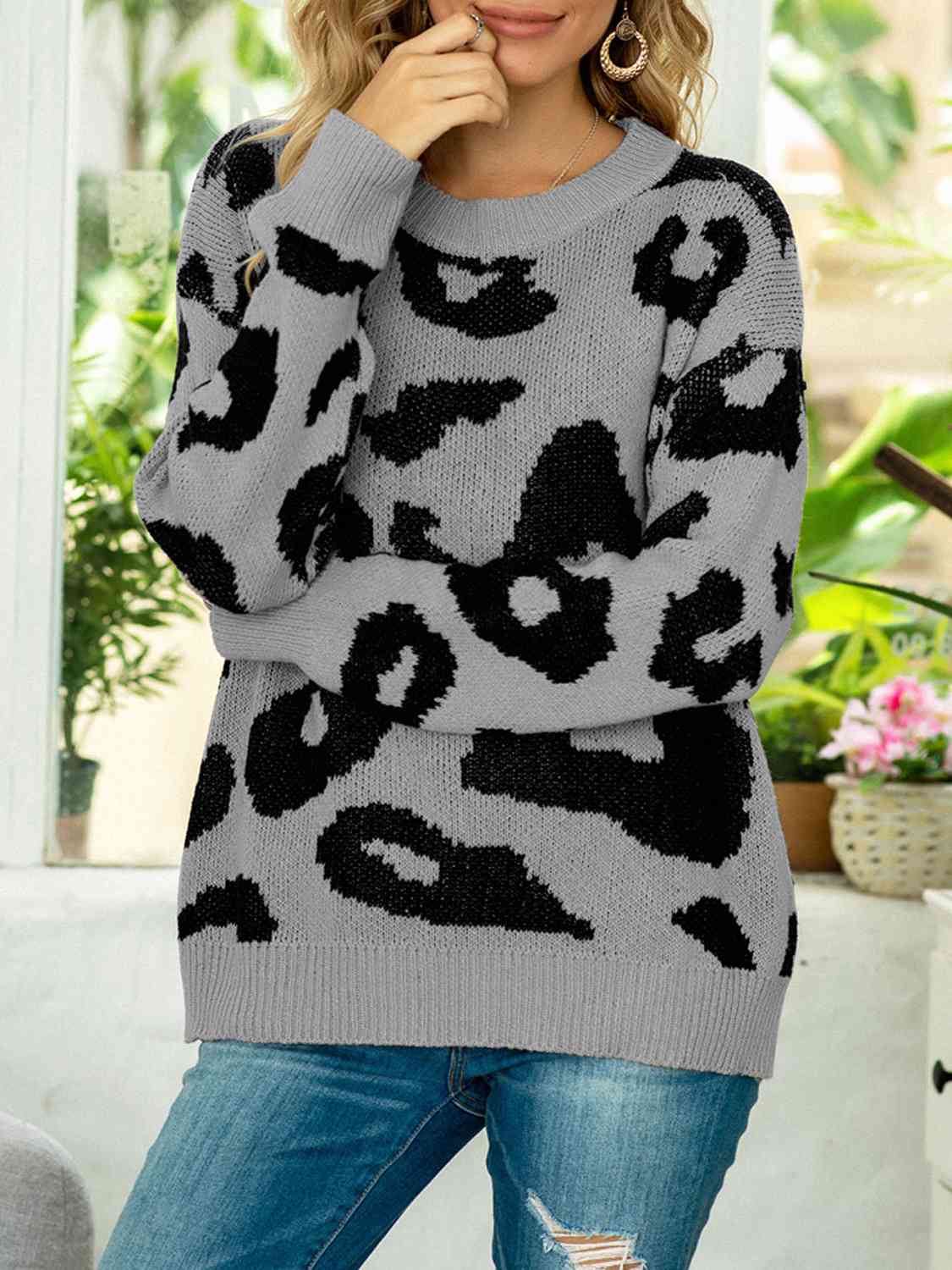 Drop Shoulder Leopard Pullover Sweater