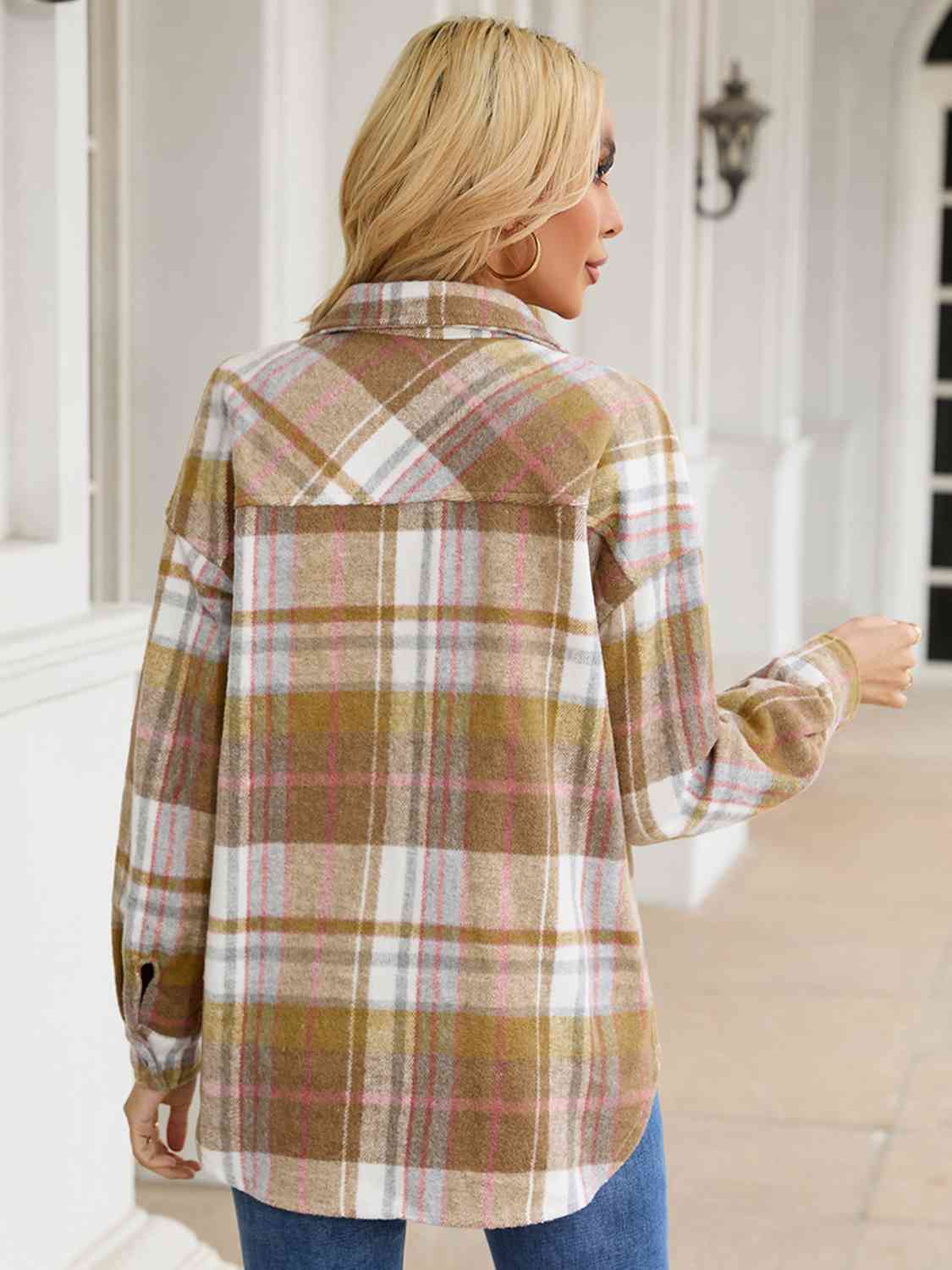 Snap Up Plaid Collared Neck Jacket with Pocket